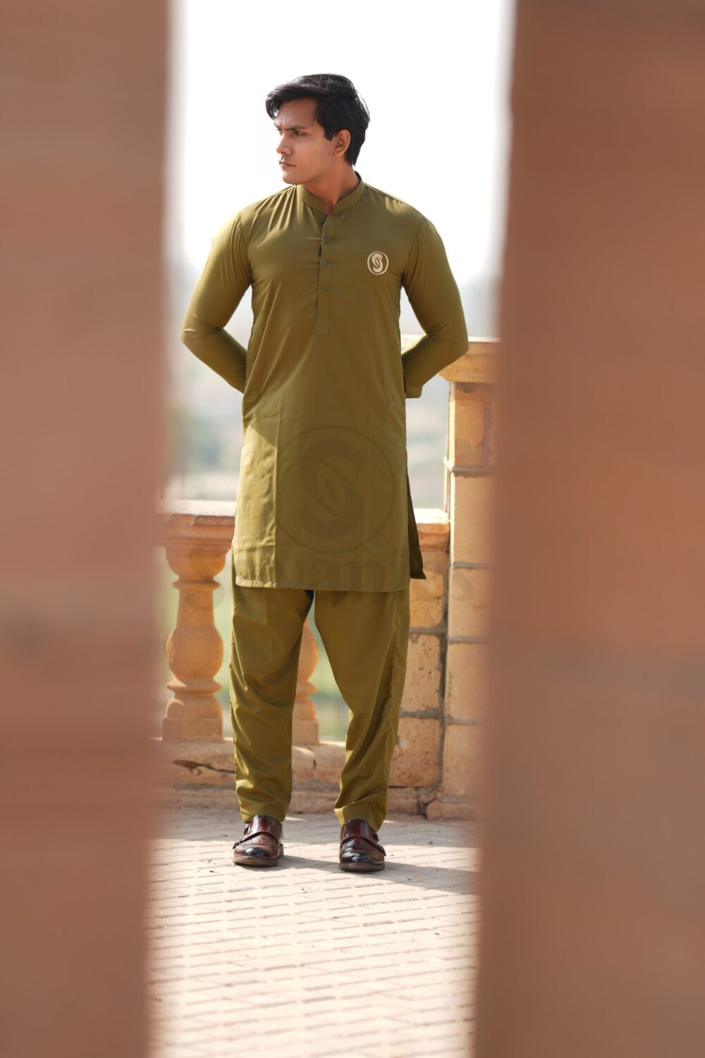 Men's Mehndi/Dark Brown Unstitched Kurta Shalwar view 2